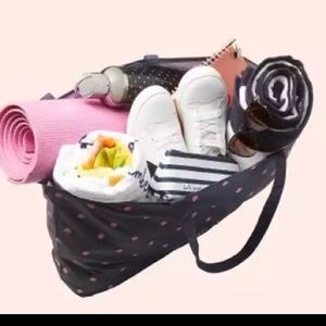 Brand New Kate Spade Canvas Tote Dark Blue With Pink Polka Dots 15”x25”